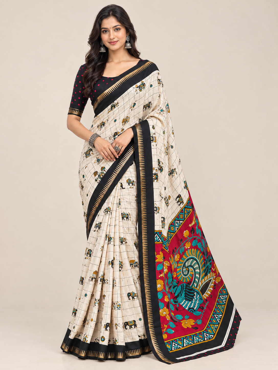 Cream Elephant Print Dolla Silk Saree with Colourful Pallu