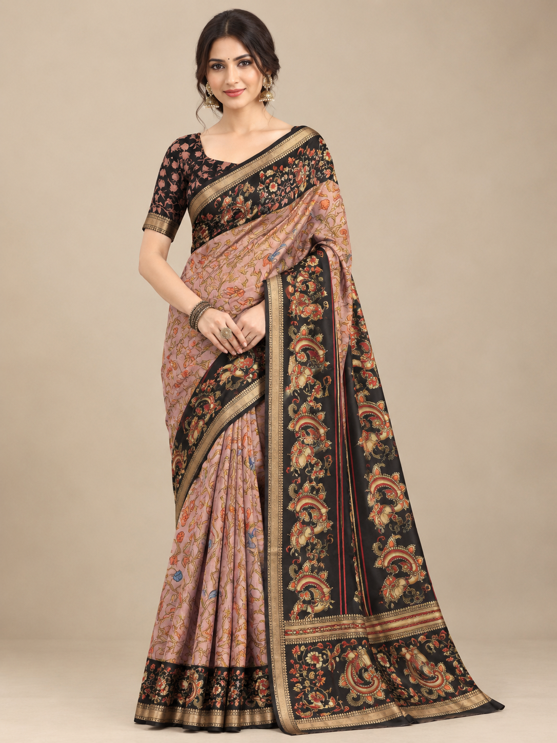 Peach Printed Black Yarn Dolla Saree with Black Floral Border