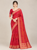 Red Fine Print Saree with Gold-Toned Paisley Pallu