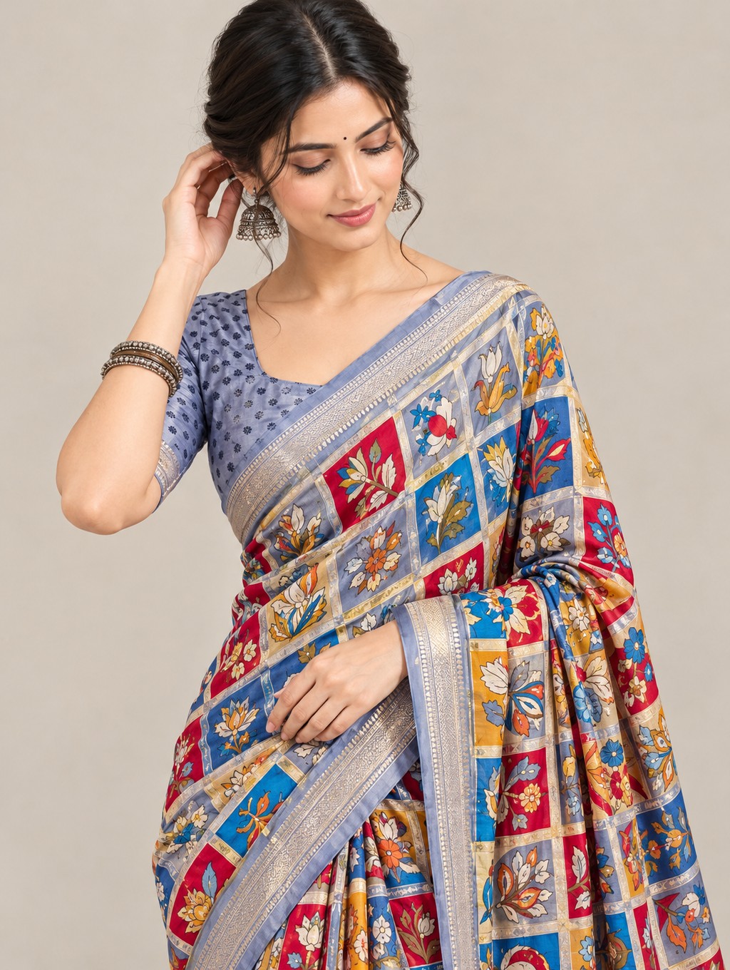 Blue Multicolour Floral Patchwork Print Saree