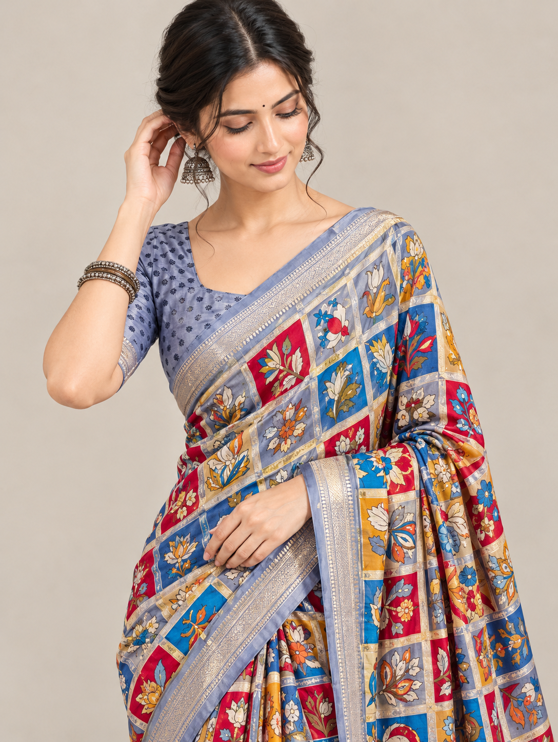 Blue Multicolour Floral Patchwork Print Saree