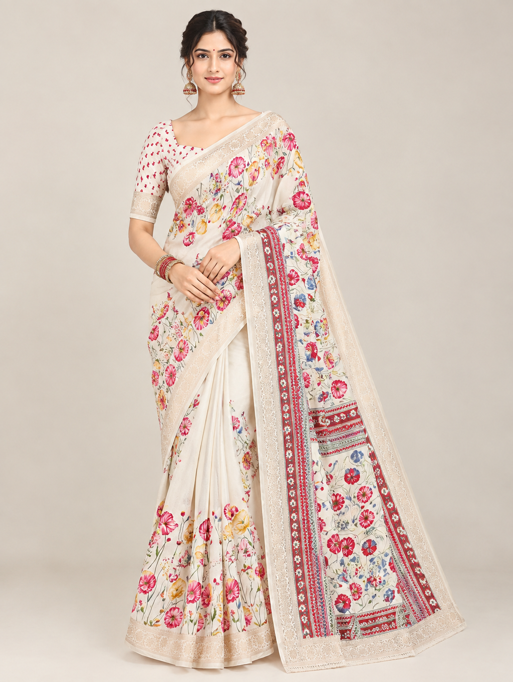 Ivory Pink Floral Saree with Maroon Decorative Border