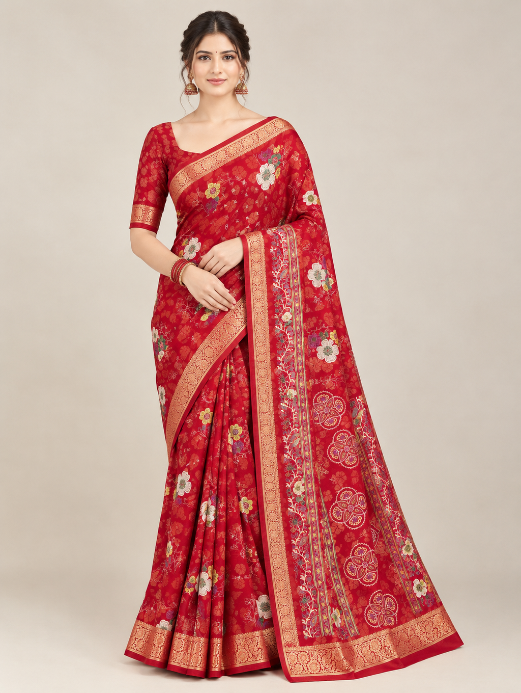 Red Large Floral Print Saree with Golden Border