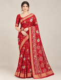 Red Large Floral Print Saree with Golden Border