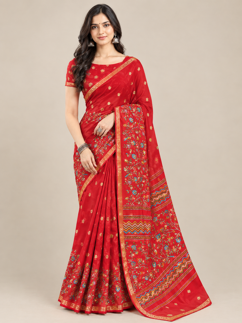 Red Dolla Silk Butti Saree with Floral Gap Border