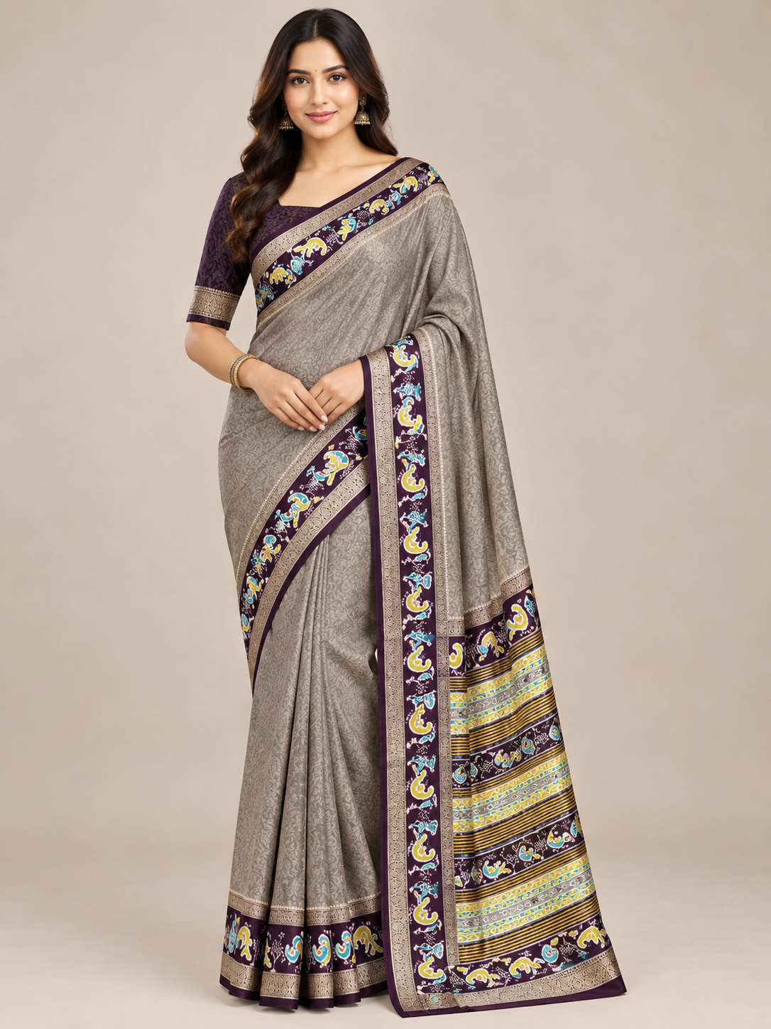Grey Barcode Silk Saree with Purple Bentex Borders