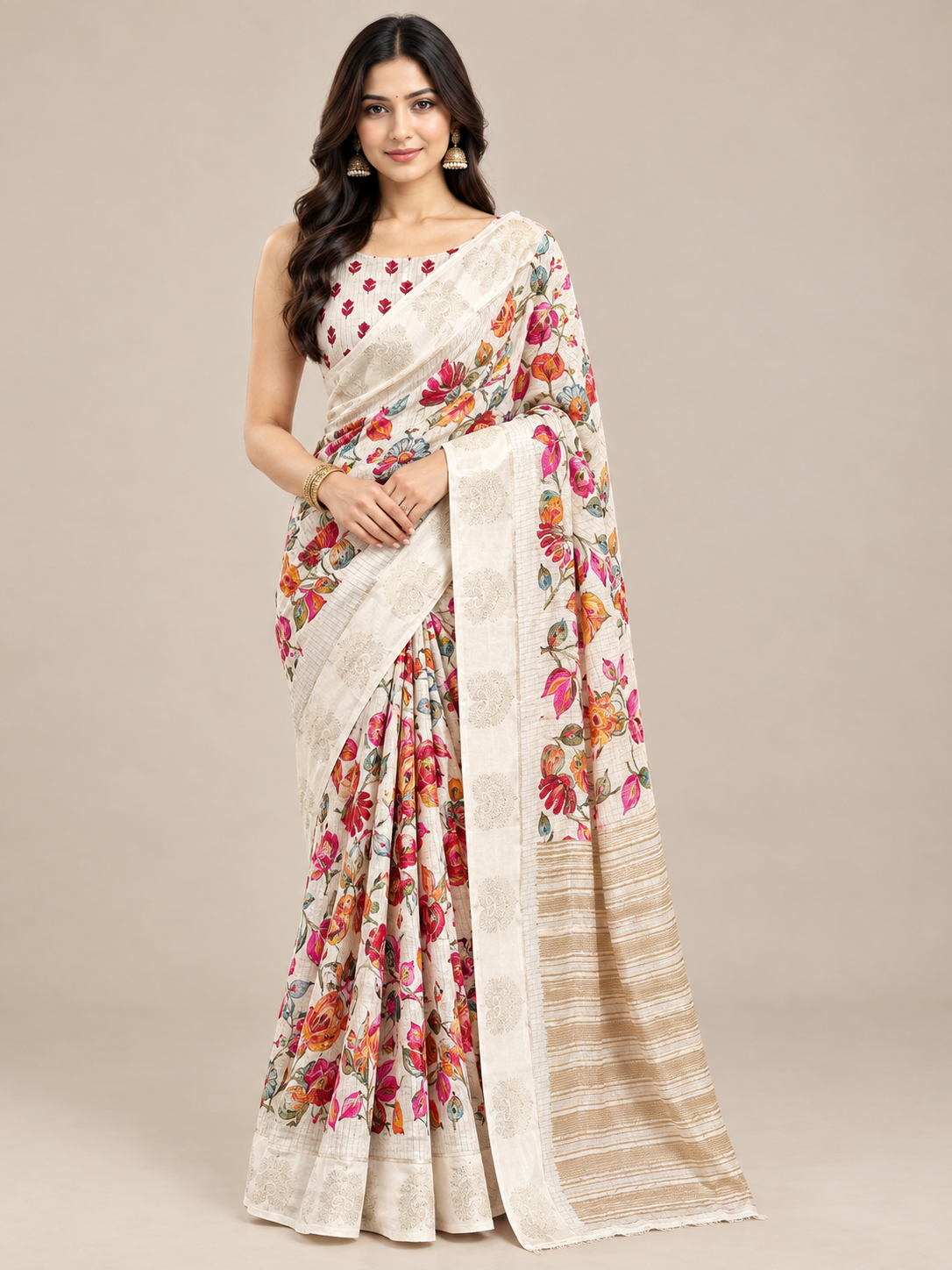 Ivory Floral Dolla Silk Jacquard Saree with Butta Border