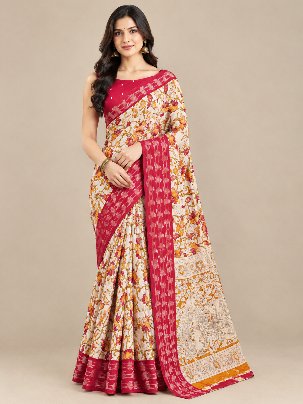 Cream Floral Dolla Silk Saree with Red Sparrow Border