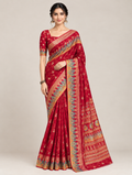 Red Motif Print Saree with Multicolour Decorative Border