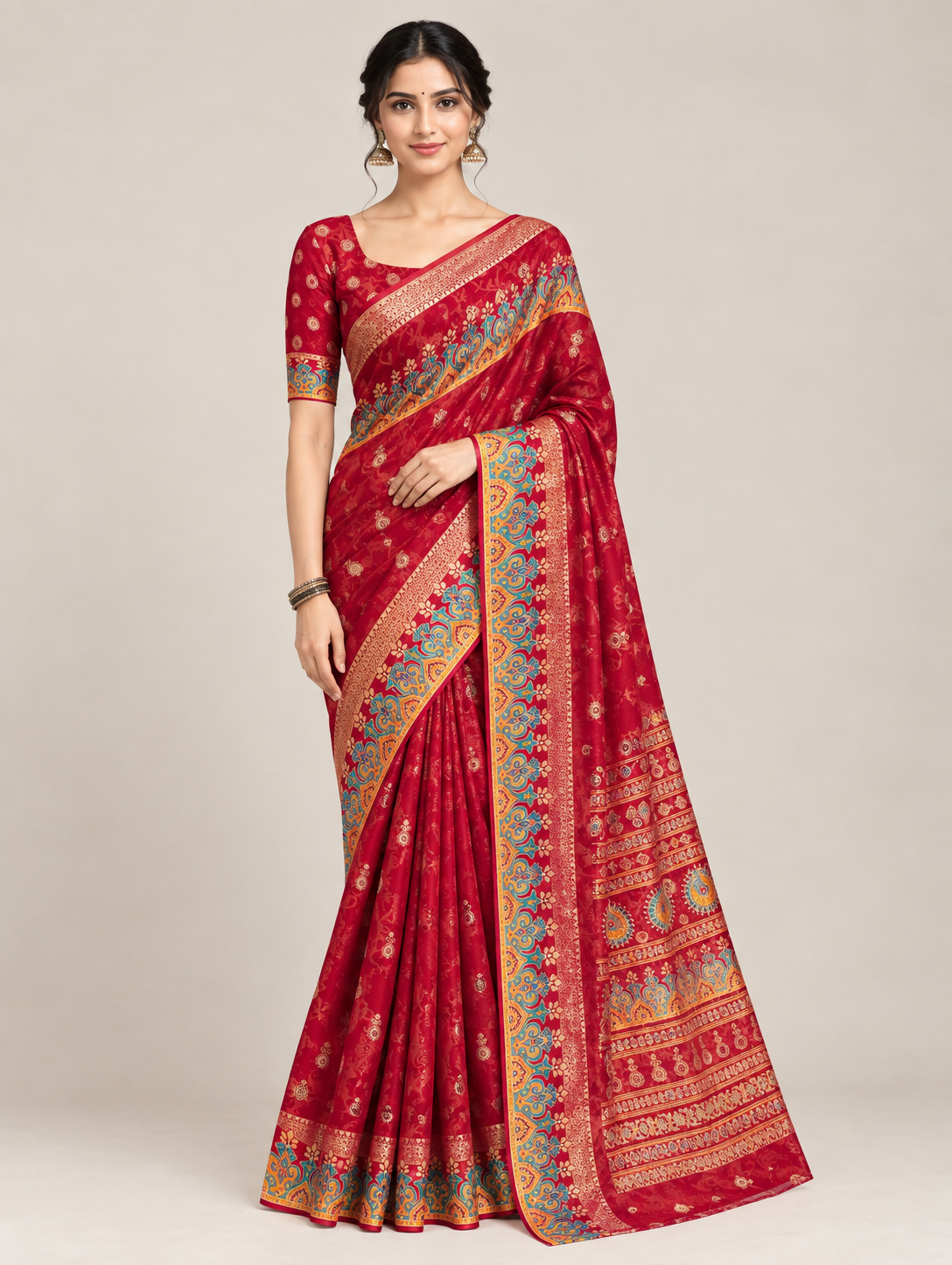 Red Motif Print Saree with Multicolour Decorative Border