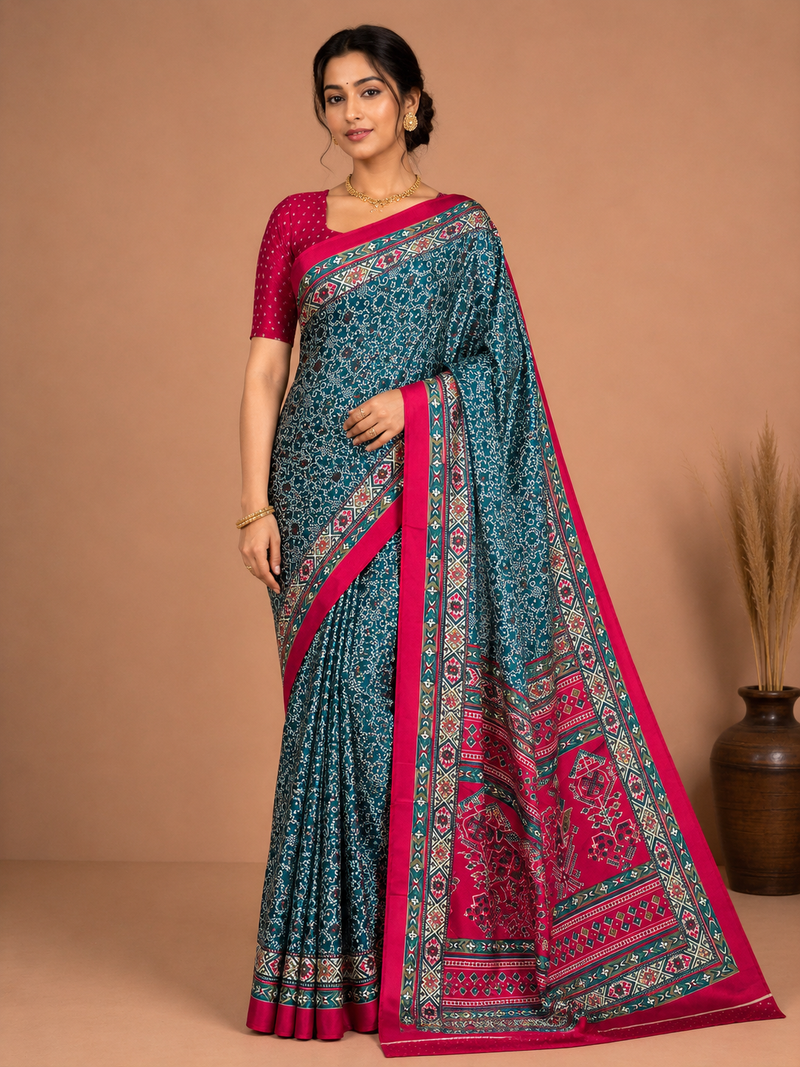 Teal Blue Semi-Modal Ajrakh Saree with Pink Border