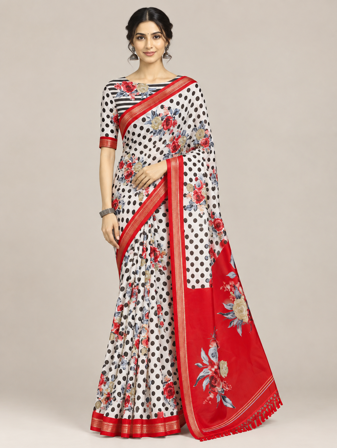 White Polka Dot Floral Saree with Red Border & Pallu