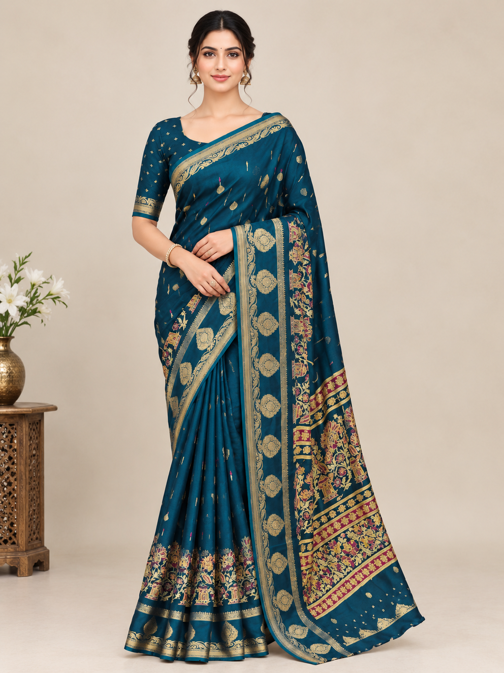 Teal Blue Chinnon Butti Saree with Jacquard Border