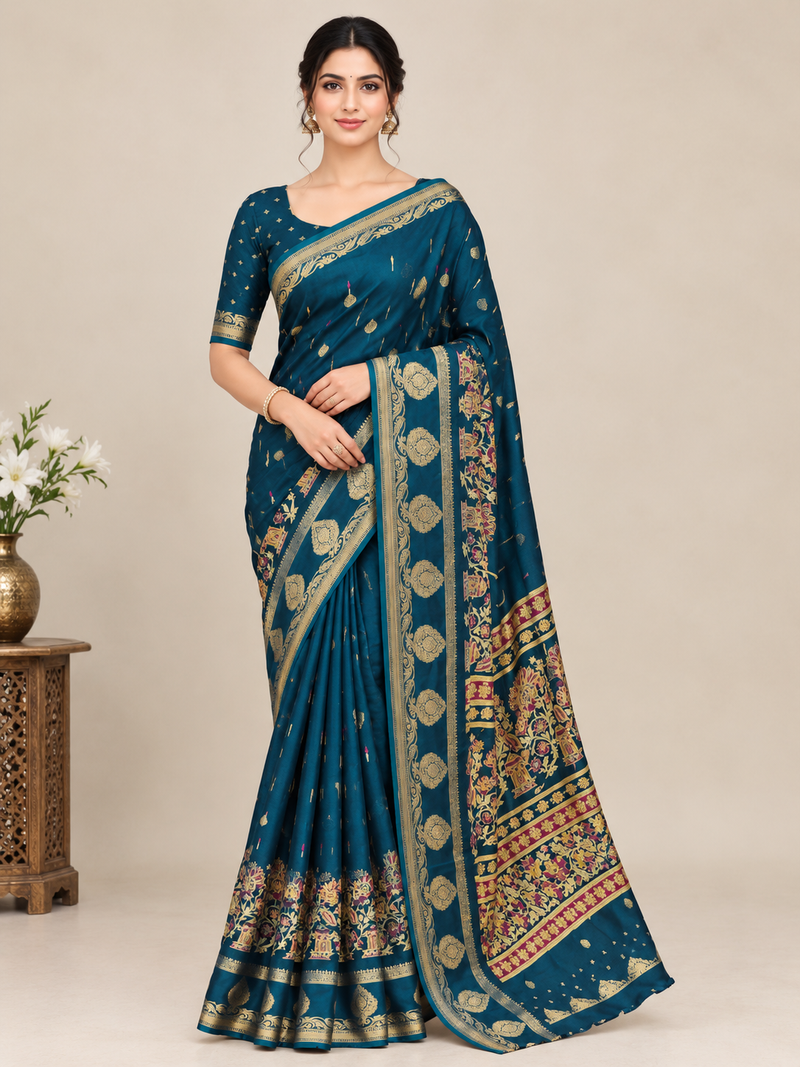 Teal Blue Chinnon Butti Saree with Jacquard Border
