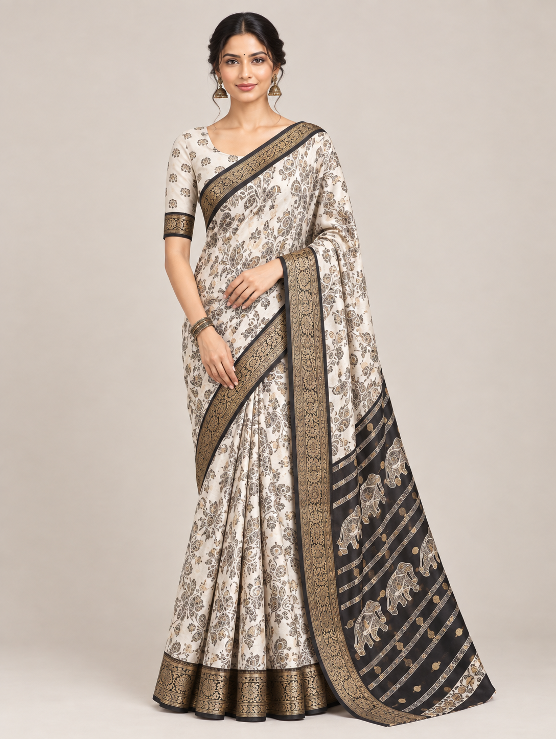 White & Black Floral Saree with Elephant Motif Pallu