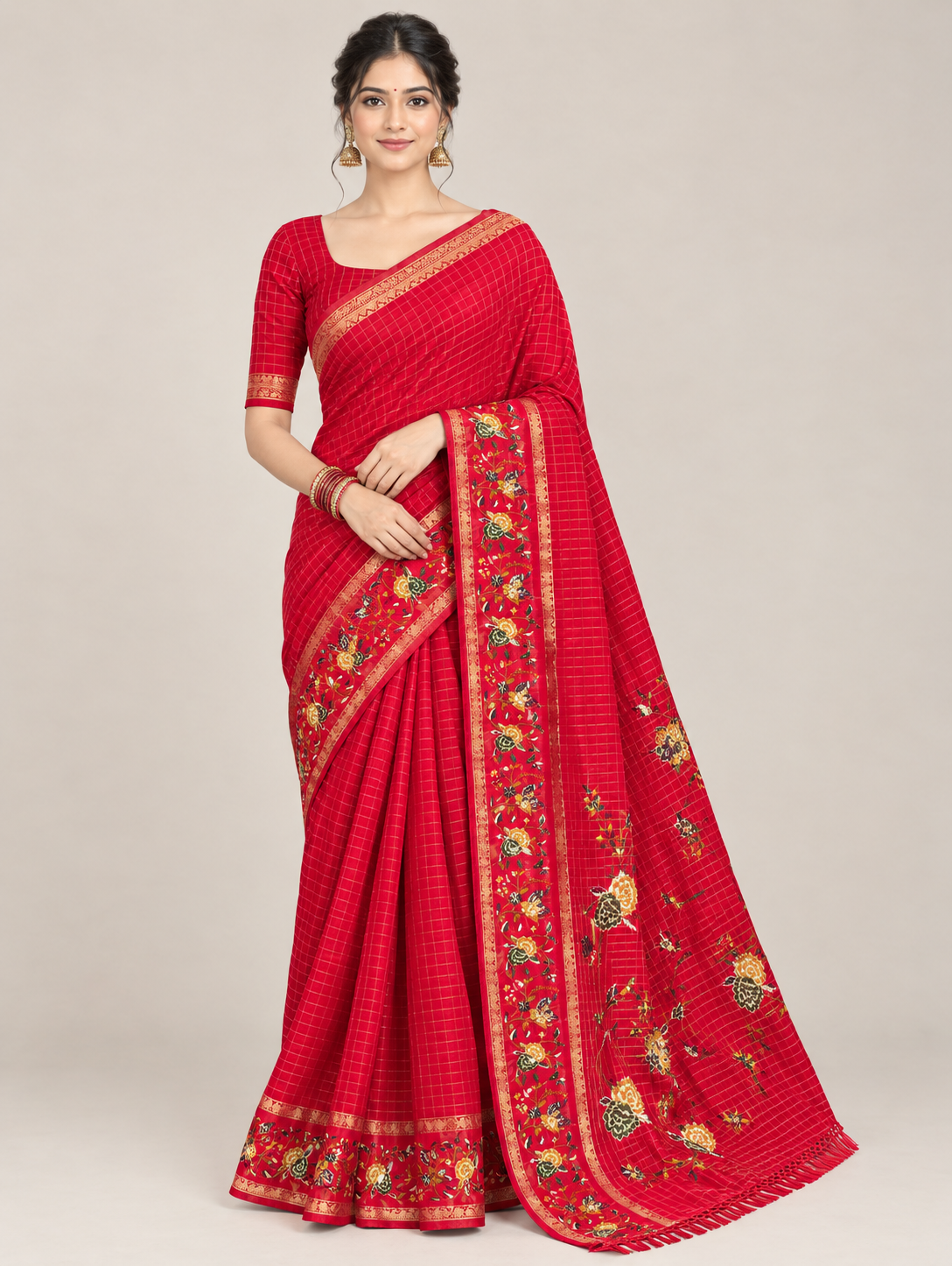 Red Check Weave Saree with Floral Border & Pallu