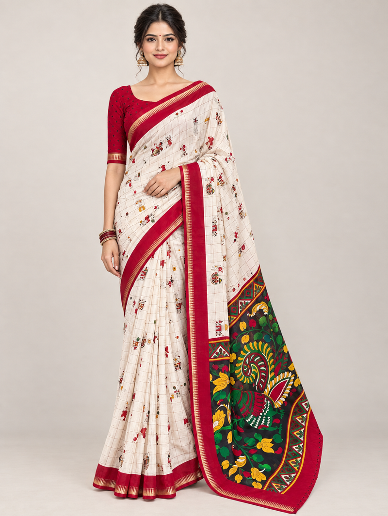 Cream Check Printed Saree with Red Border & Artistic Pallu