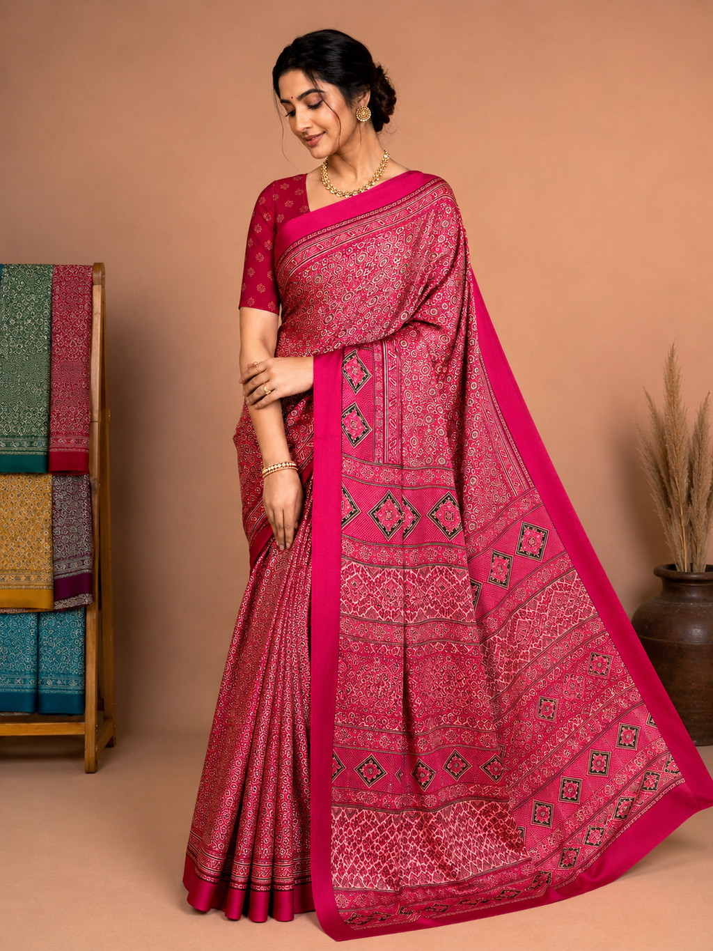 Pink Geometric Semi-Modal Ajrakh Mirror Work Saree