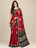 Red Square Motif Saree with Black Elephant Pallu