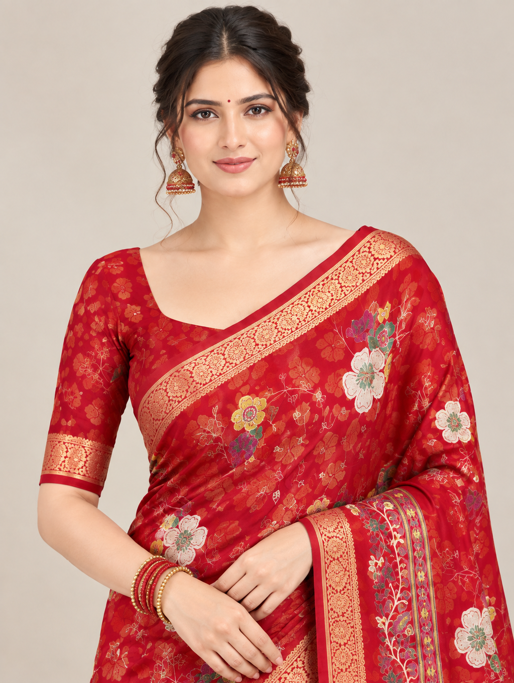 Red Large Floral Print Saree with Golden Border