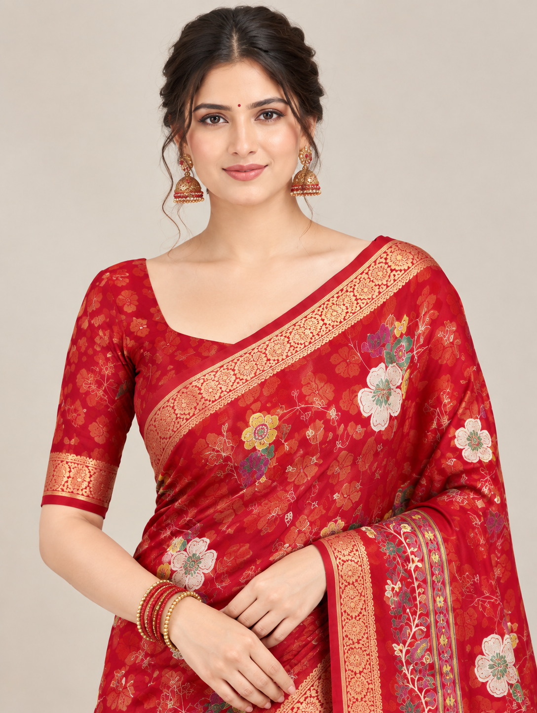 Red Large Floral Print Saree with Golden Border