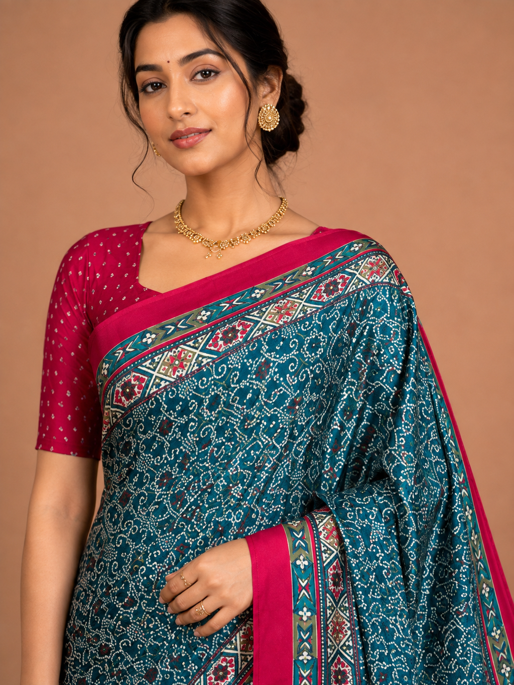 Teal Blue Semi-Modal Ajrakh Saree with Pink Border