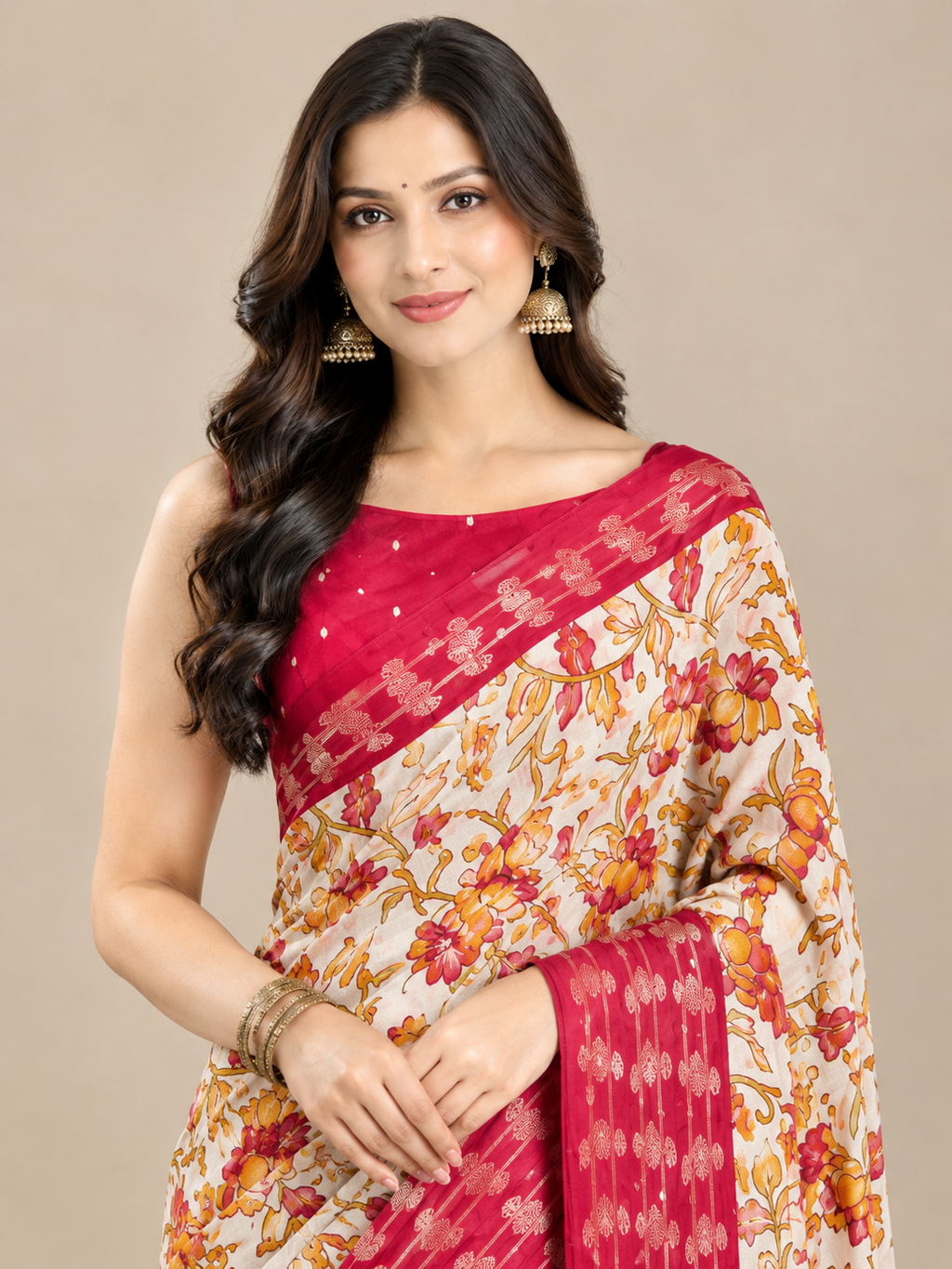 Cream Floral Dolla Silk Saree with Red Sparrow Border