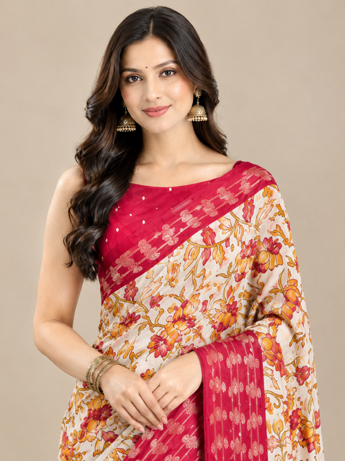 Cream Floral Dolla Silk Saree with Red Sparrow Border