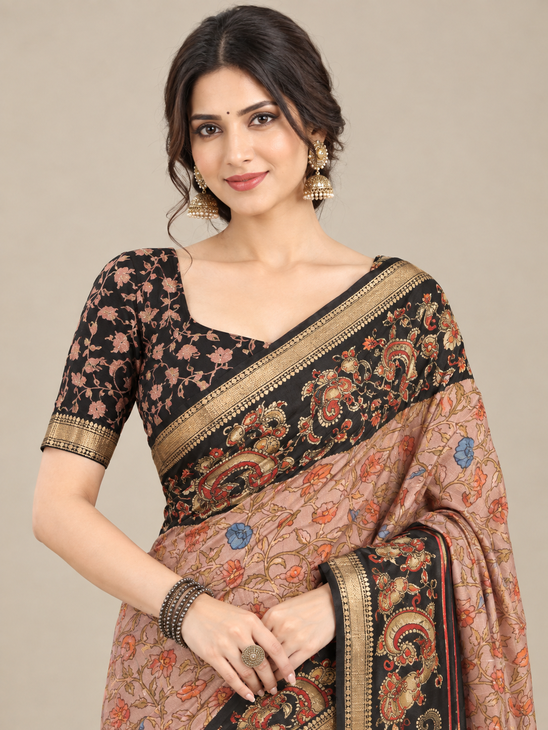 Peach Printed Black Yarn Dolla Saree with Black Floral Border