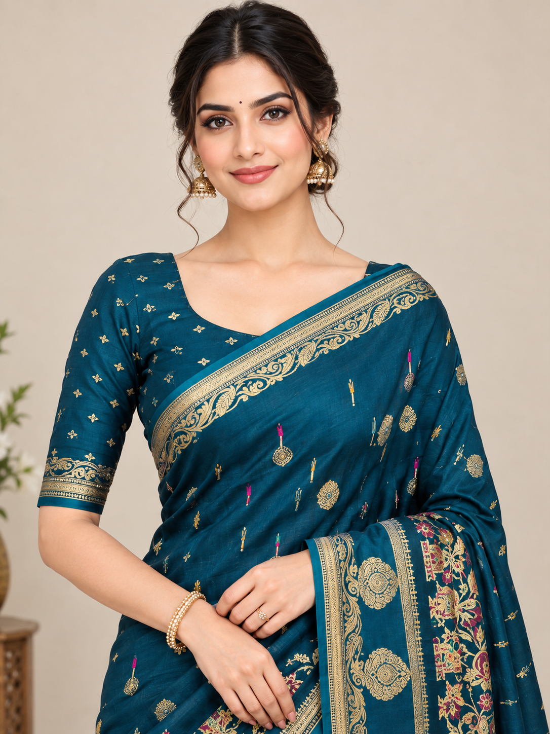 Teal Blue Chinnon Butti Saree with Jacquard Border