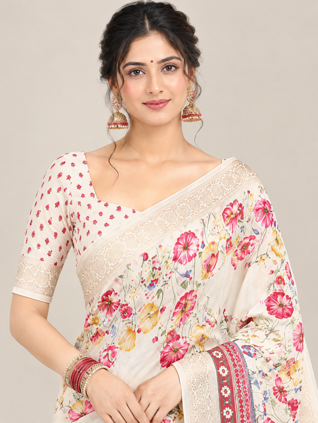 Ivory Pink Floral Saree with Maroon Decorative Border