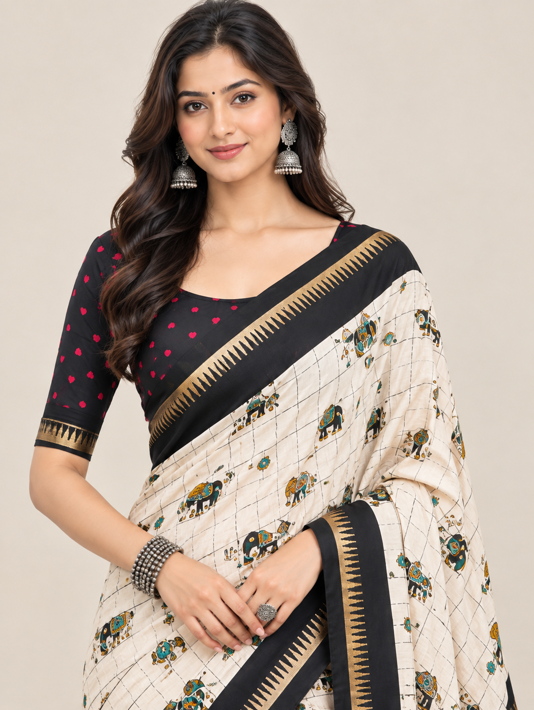Cream Elephant Print Dolla Silk Saree with Colourful Pallu