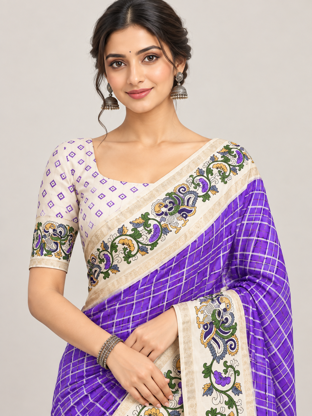 Purple Check Marshmallow Saree with Floral Bentex Borders