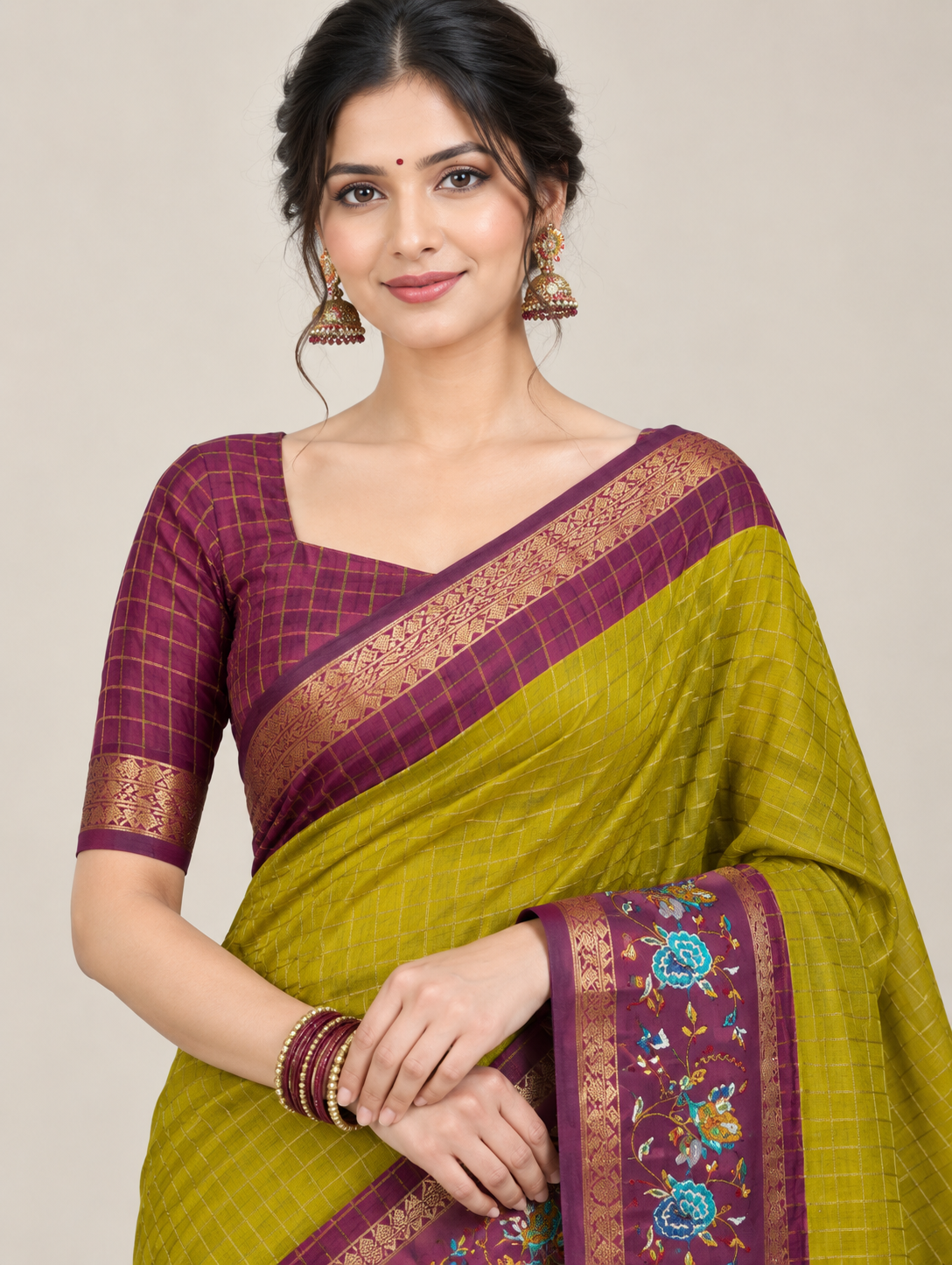 Olive Green Check Saree with Wine Floral Border