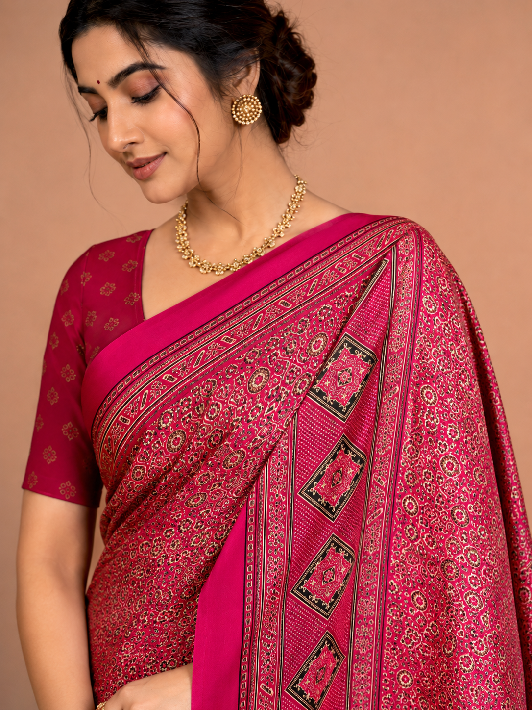 Pink Geometric Semi-Modal Ajrakh Mirror Work Saree