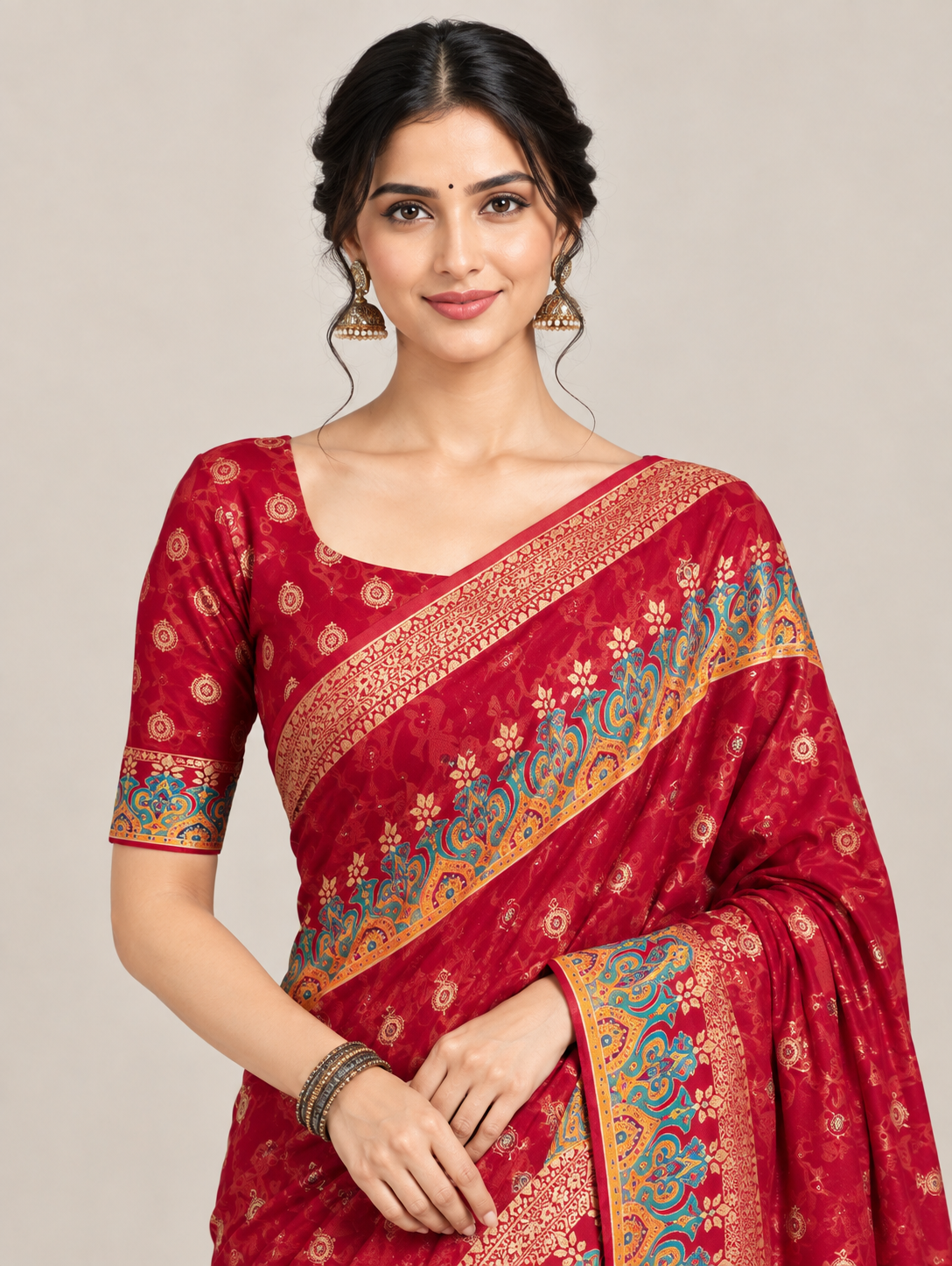 Red Motif Print Saree with Multicolour Decorative Border