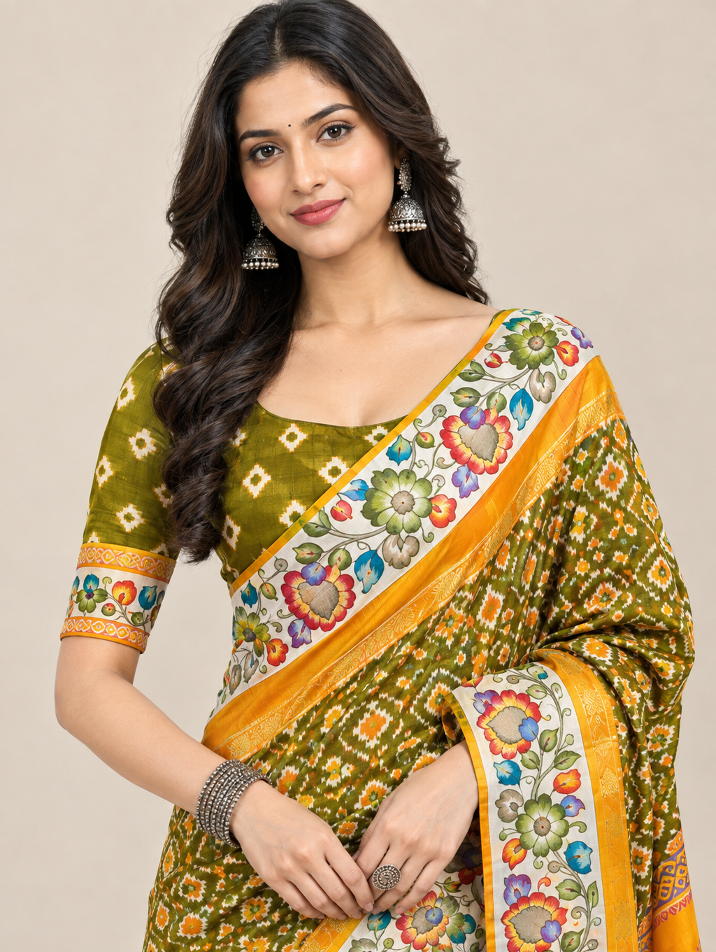 Green & Mustard Pure Cotton Saree with Floral Border