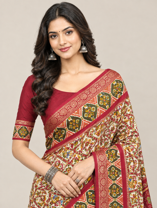 Cream & Maroon Pure Cotton Saree with Geometric Print