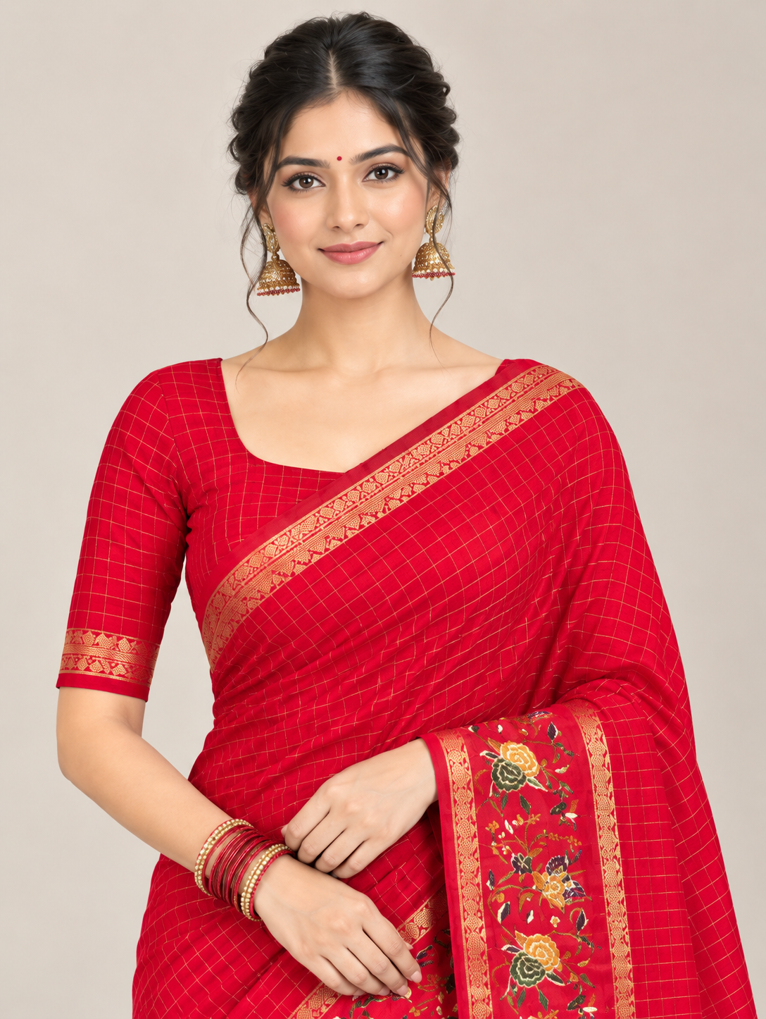 Red Check Weave Saree with Floral Border & Pallu