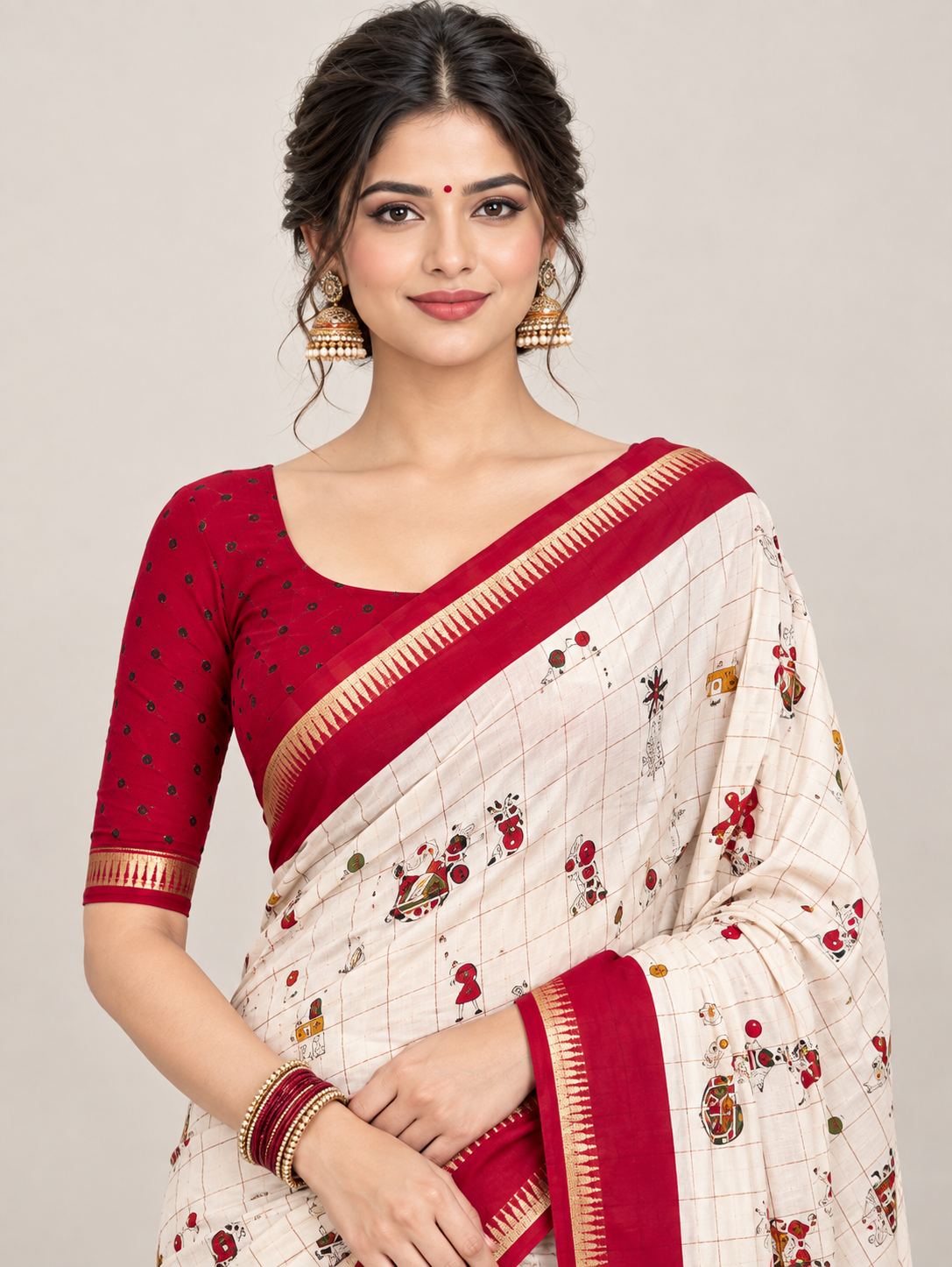 Cream Check Printed Saree with Red Border & Artistic Pallu