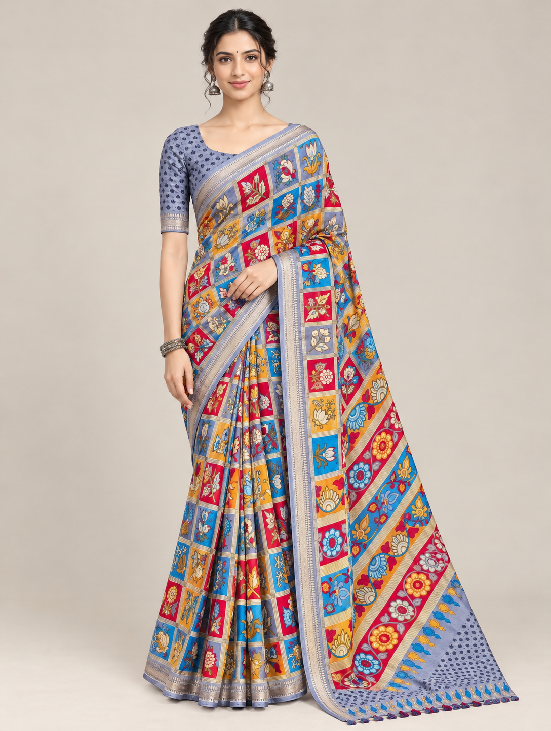 Blue Multicolour Floral Patchwork Print Saree