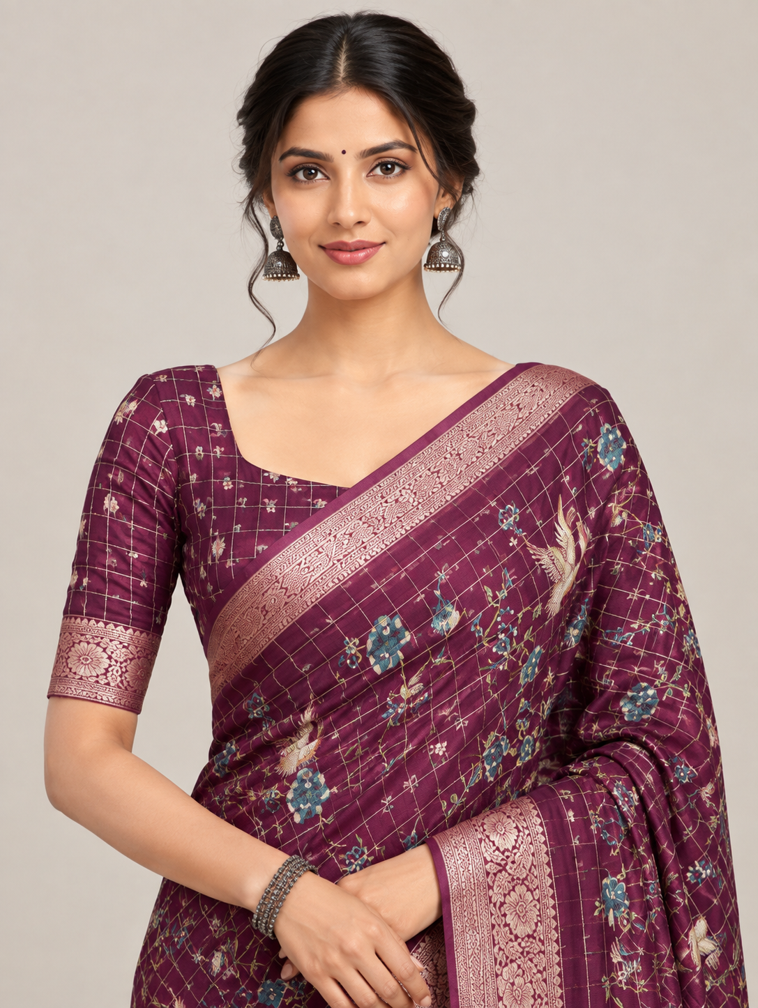 Wine Chinnon Check Saree with 5-Inch Jacquard Border