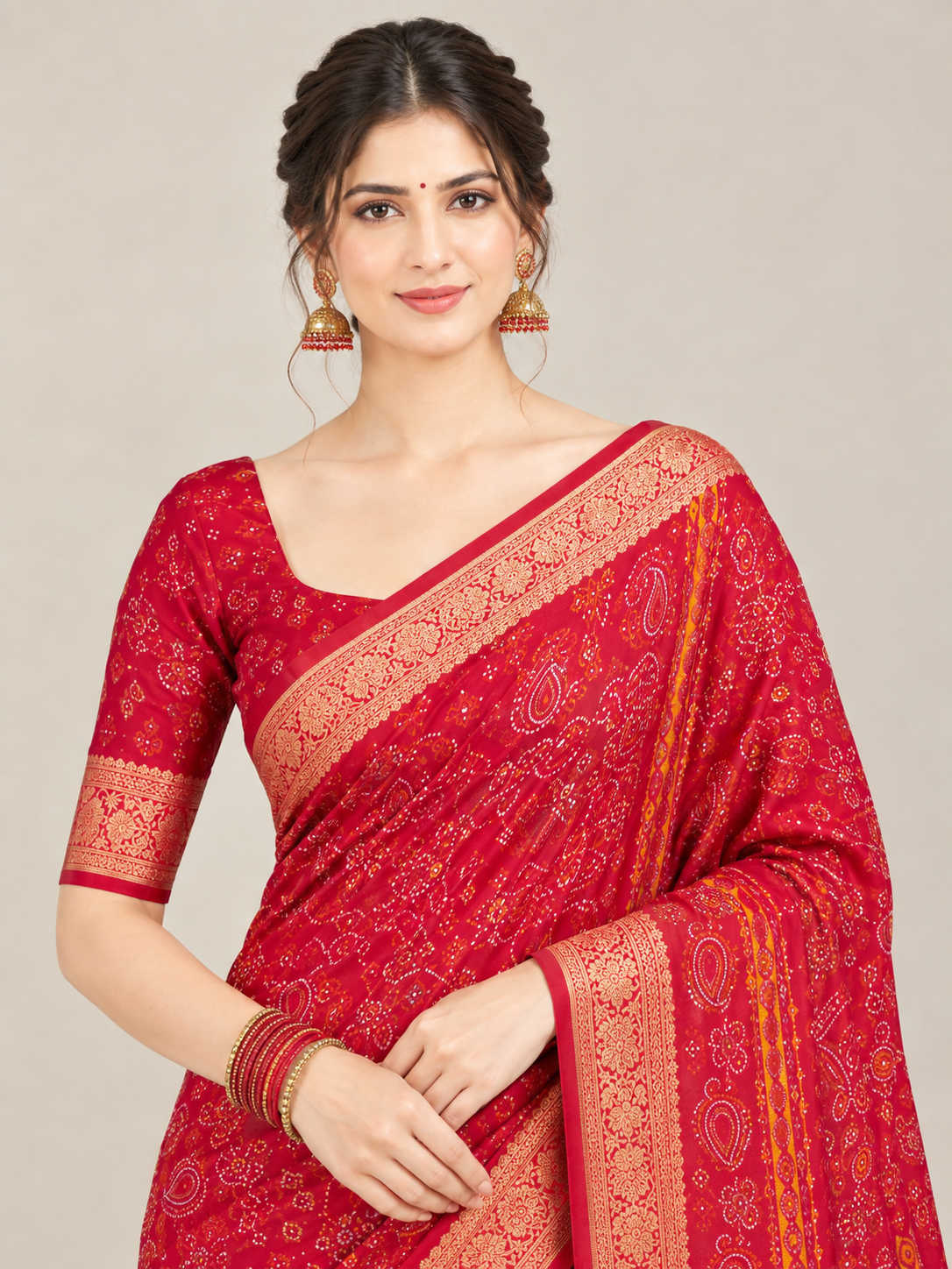 Red Fine Print Saree with Gold-Toned Paisley Pallu
