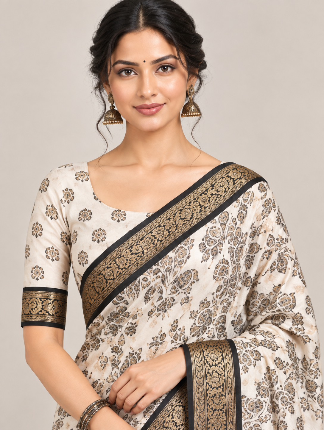 White & Black Floral Saree with Elephant Motif Pallu