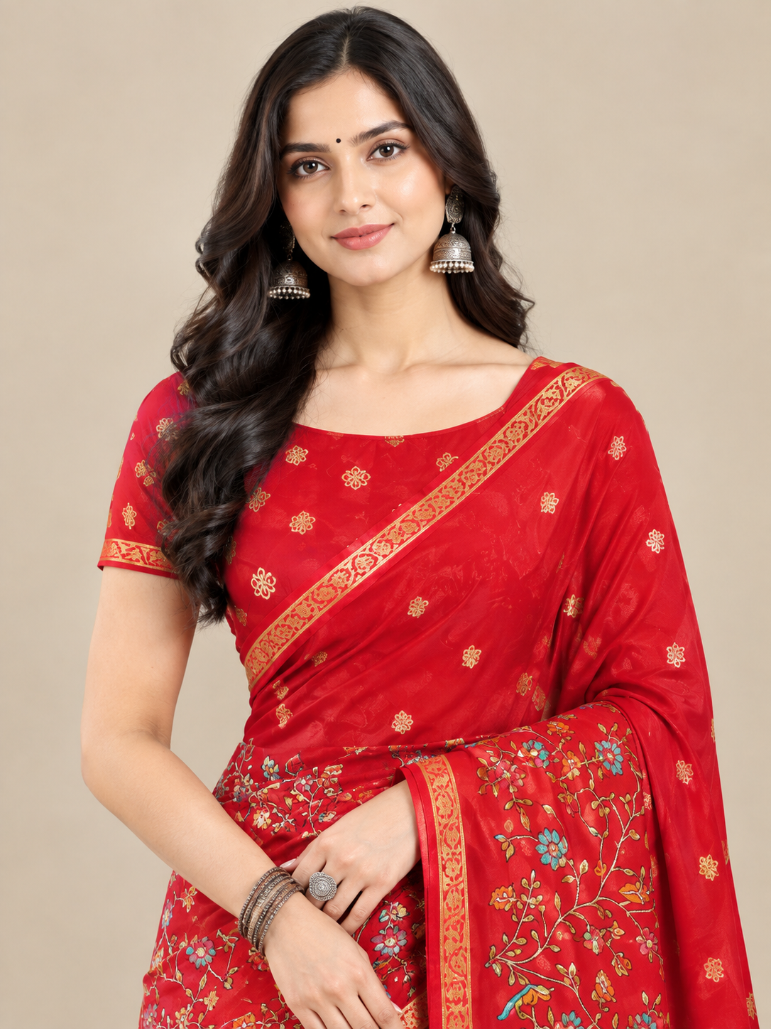 Red Dolla Silk Butti Saree with Floral Gap Border