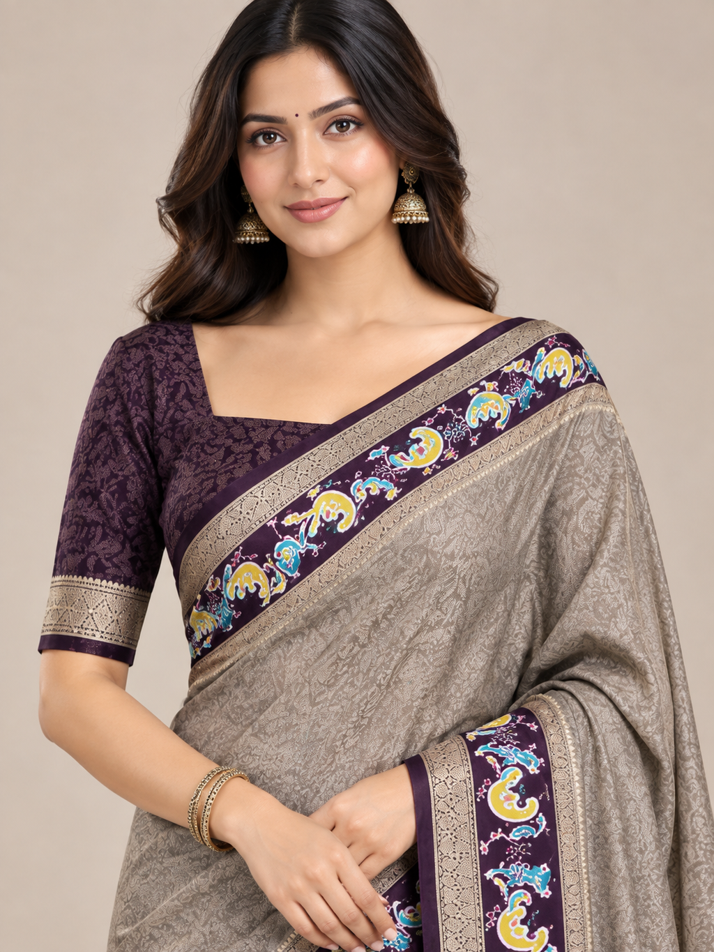 Grey Barcode Silk Saree with Purple Bentex Borders