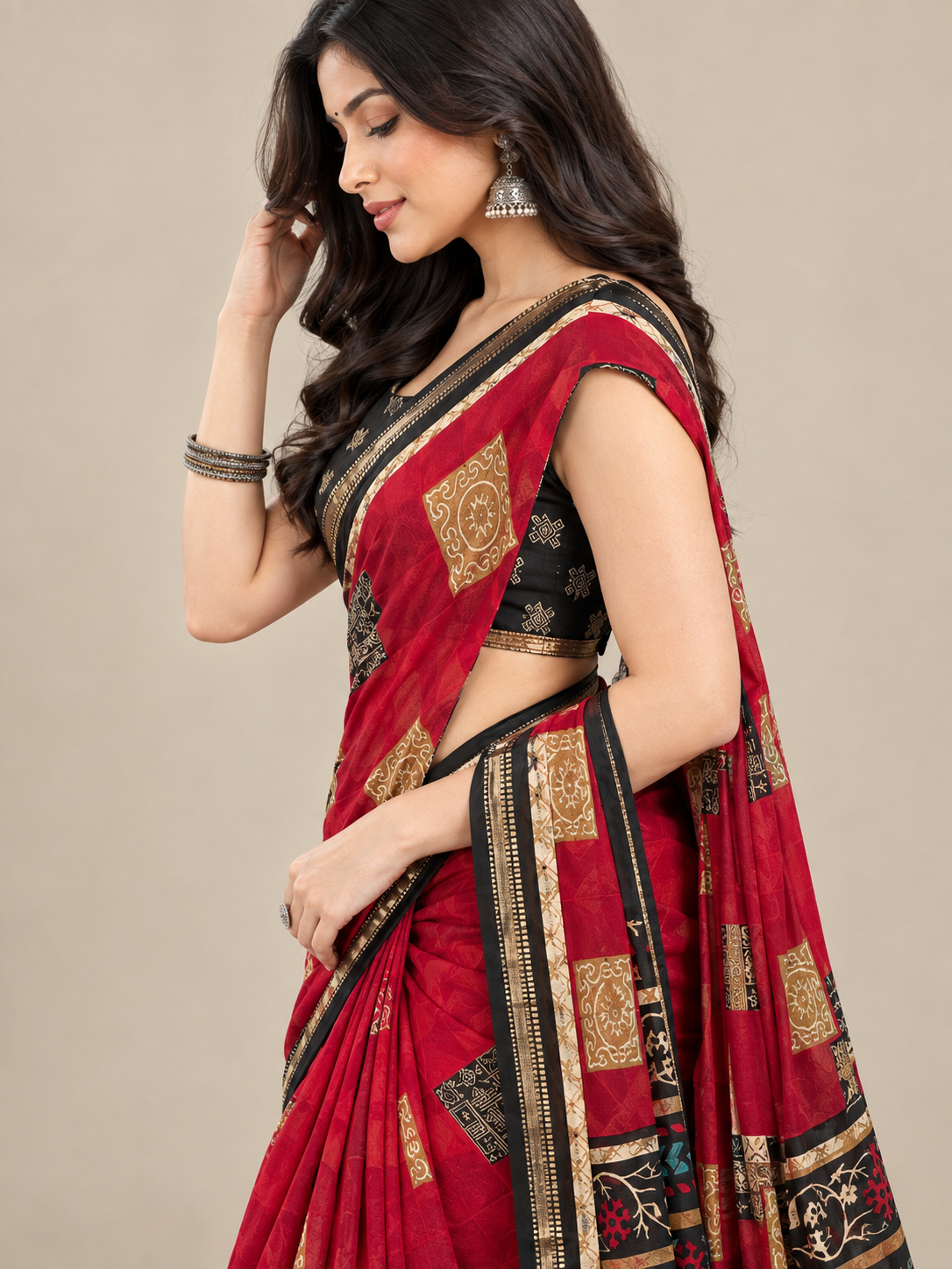Red Square Motif Saree with Black Elephant Pallu