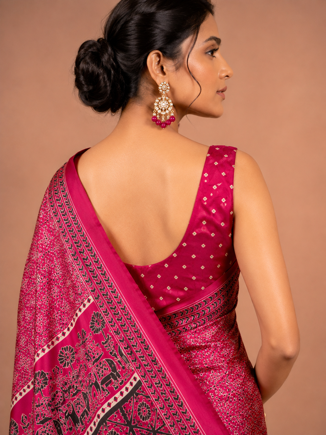 Magenta Semi-Modal Ajrakh Saree with Elephant Motif Pallu