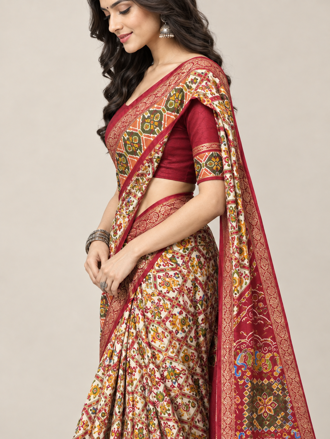 Cream & Maroon Pure Cotton Saree with Geometric Print