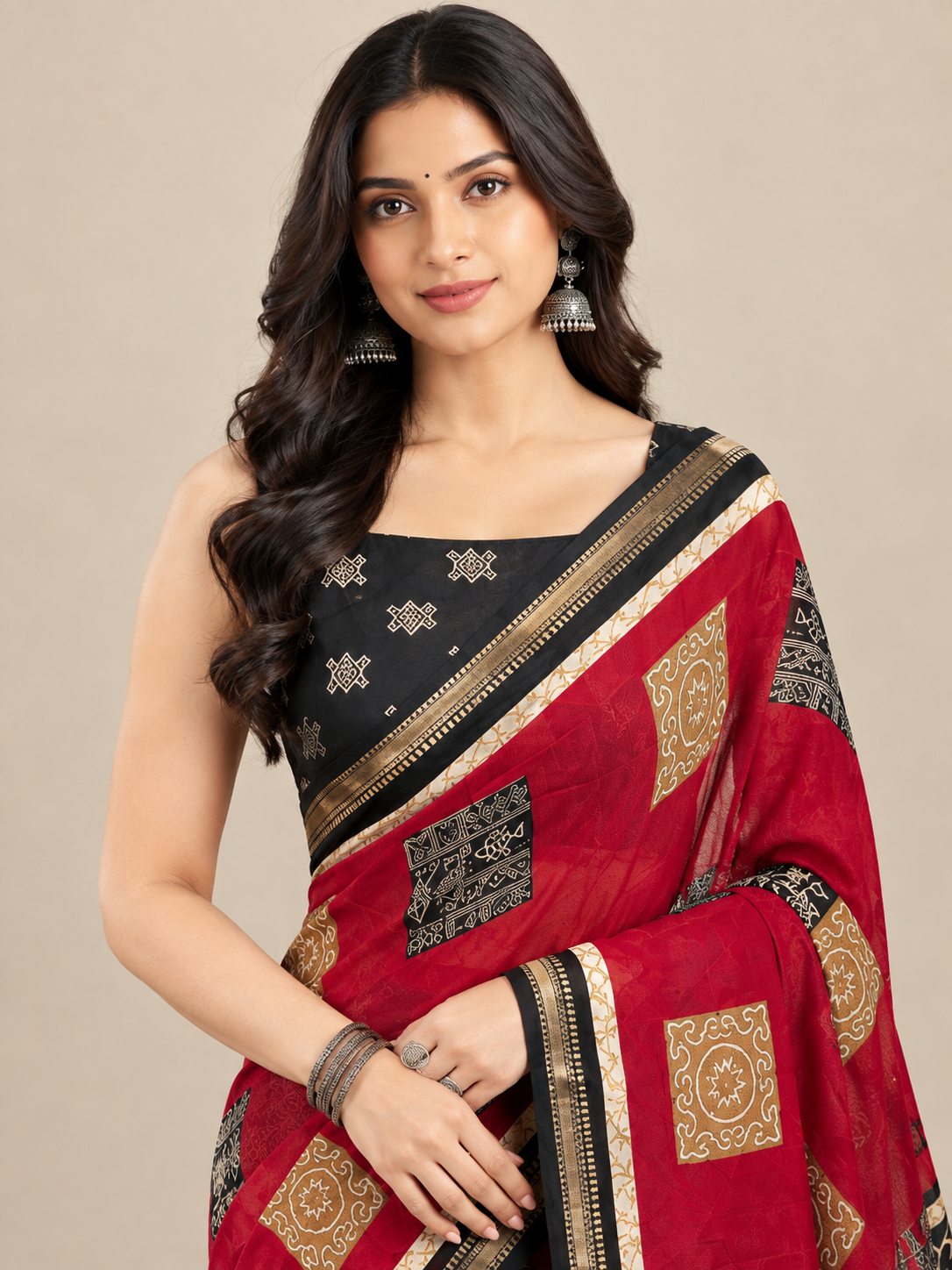 Red Square Motif Saree with Black Elephant Pallu